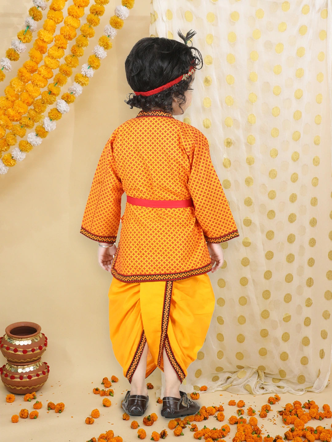 BownBee Pure Cotton printed Angarakha Kanhaiya Kurta Dhoti With Bansuri ,Mukut & Belt Set For Boys - Yellow