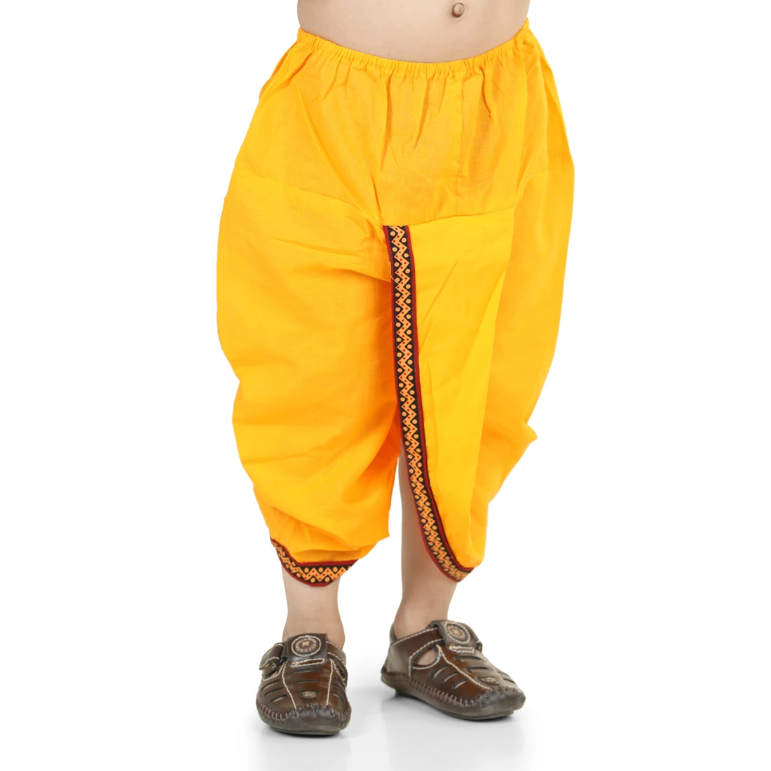 BownBee Pure Cotton printed Angarakha Kanhaiya Kurta Dhoti With Bansuri ,Mukut & Belt Set For Boys - Yellow