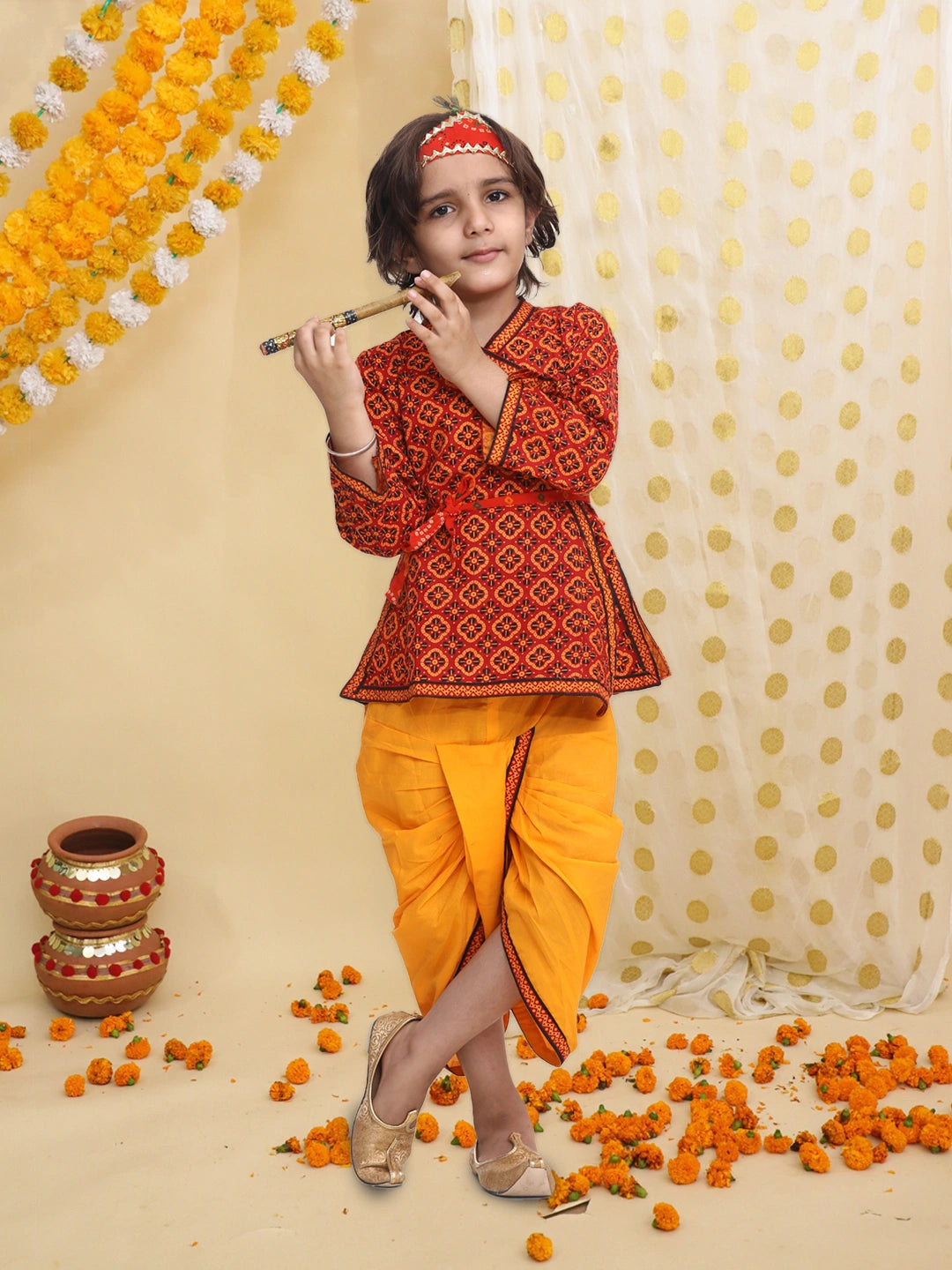 BownBee Pure Cotton printed Angarakha Kanhaiya Kurta Dhoti With Bansuri ,Mukut & Belt Set For Boys