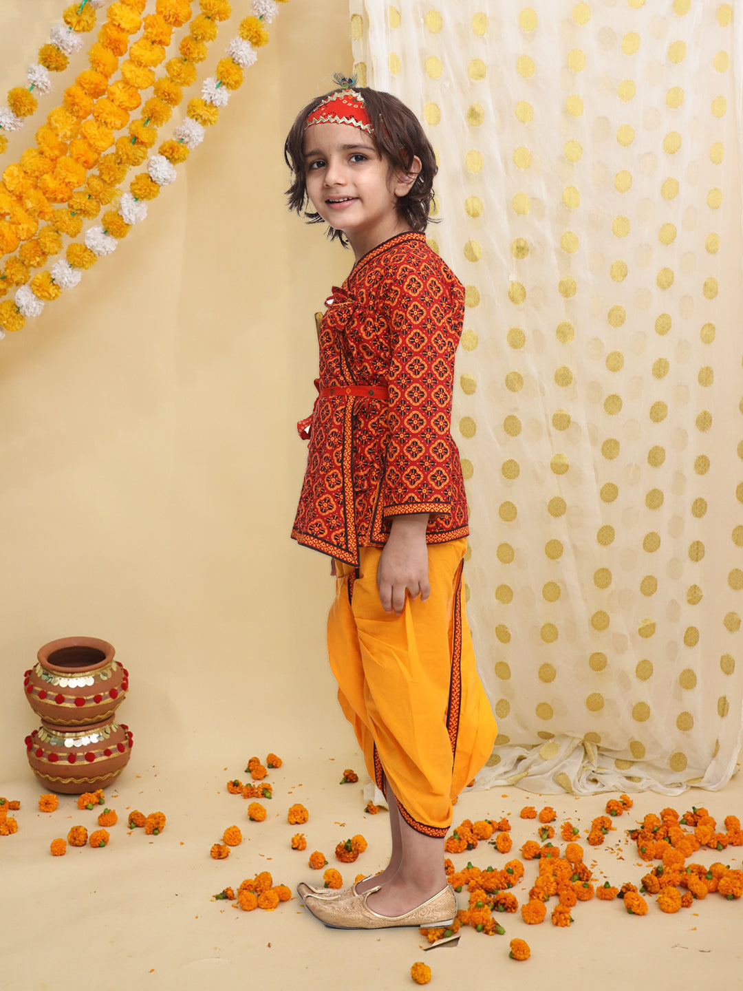 BownBee Pure Cotton printed Angarakha Kanhaiya Kurta Dhoti With Bansuri ,Mukut & Belt Set For Boys - Red