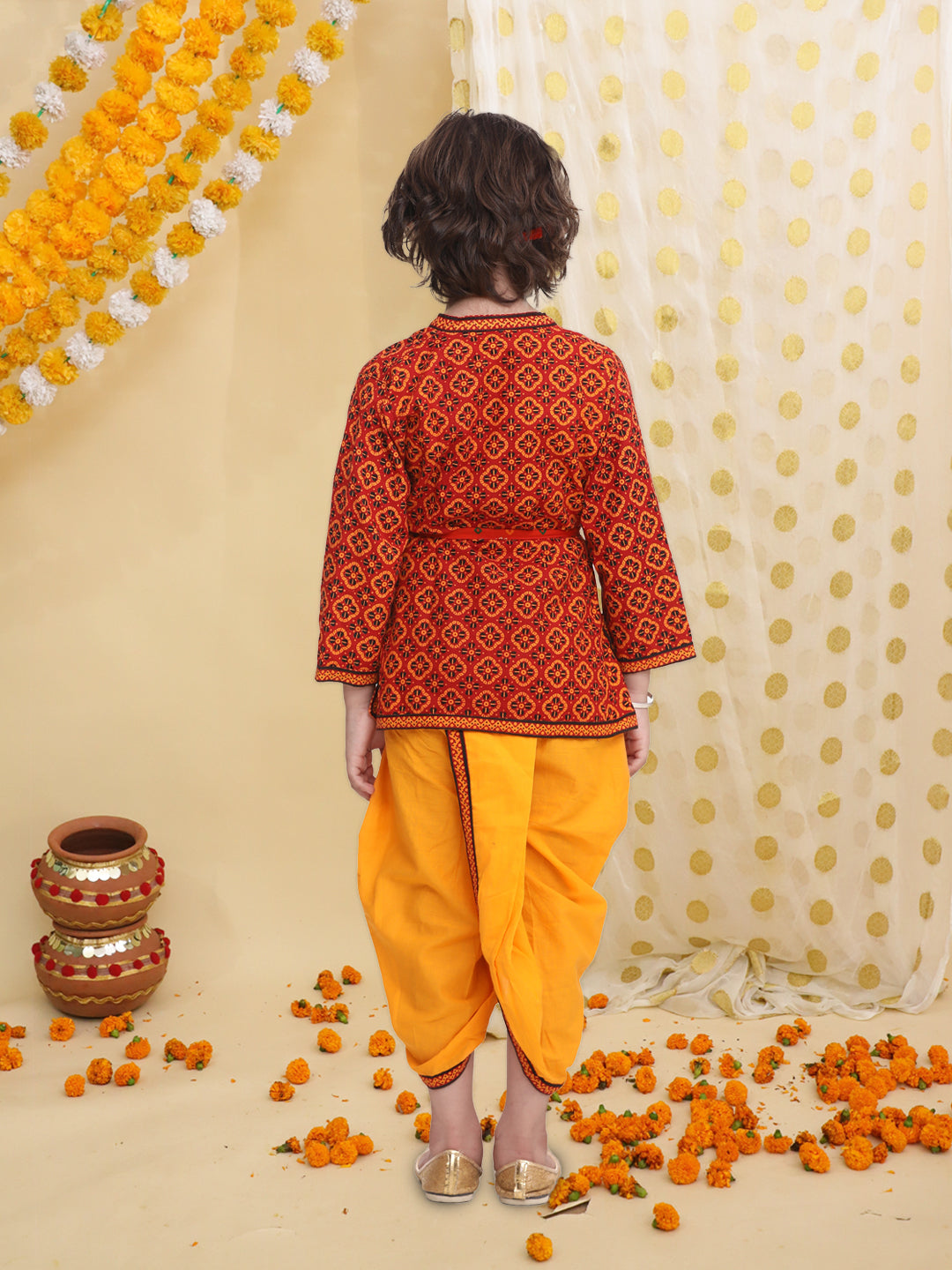 BownBee Pure Cotton printed Angarakha Kanhaiya Kurta Dhoti With Bansuri ,Mukut & Belt Set For Boys - Red