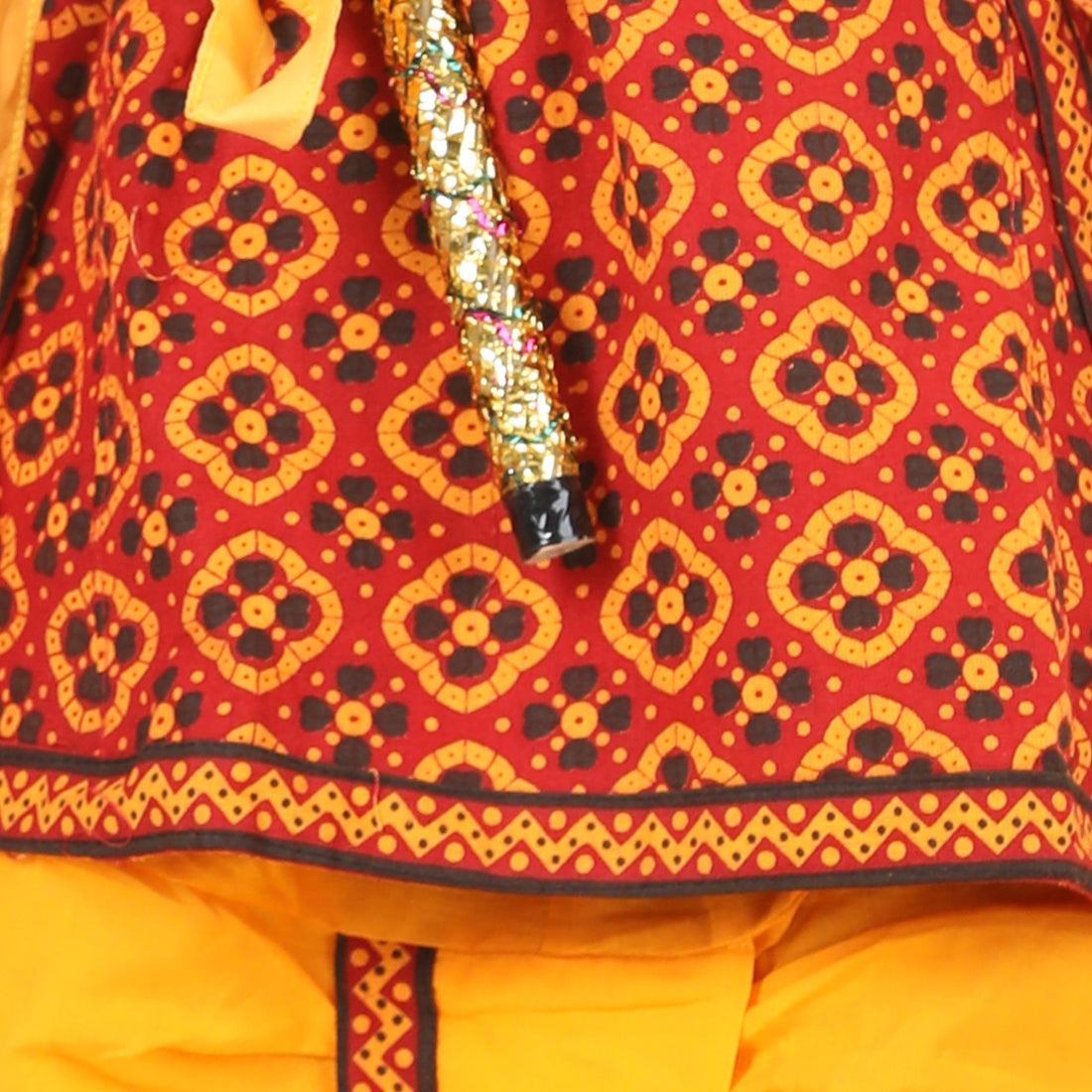 BownBee Pure Cotton printed Angarakha Kanhaiya Kurta Dhoti With Bansuri ,Mukut & Belt Set For Boys - Red