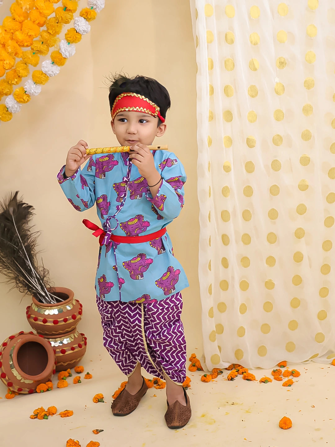 BownBee Pure Cotton  Elephant Printed Kanhaiya Dhoti Kurta With Bansuri & Mukut For Boys