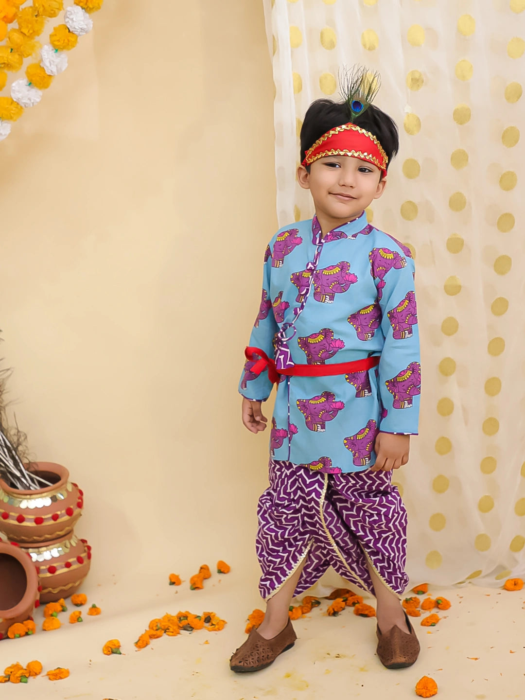 BownBee Pure Cotton  Elephant Printed Kanhaiya Dhoti Kurta With Bansuri & Mukut For Boys