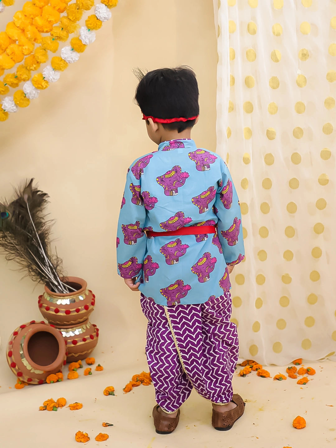 BownBee Pure Cotton  Elephant Printed Kanhaiya Dhoti Kurta With Bansuri & Mukut For Boys