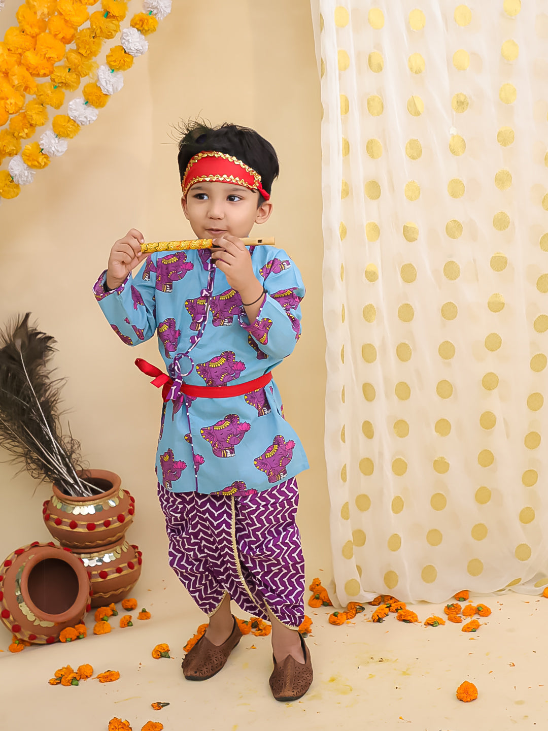 BownBee Festive Quirky Printed  Kanhaiya Dhoti Kurta With Lehenga Choli Sibling Set