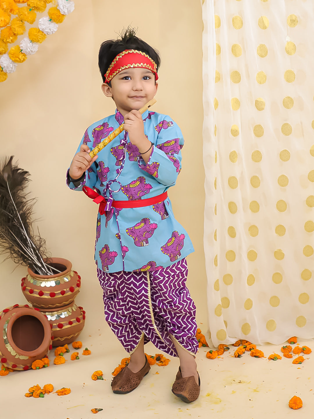 BownBee Festive Quirky Printed  Kanhaiya Dhoti Kurta With Lehenga Choli Sibling Set