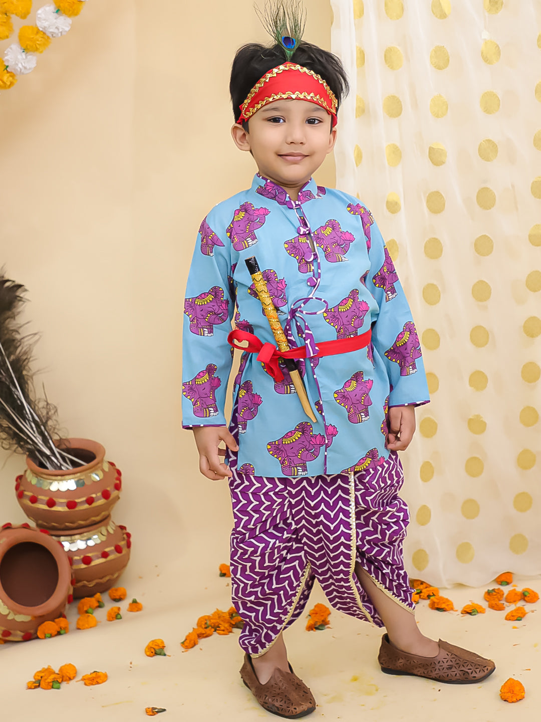 BownBee Festive Quirky Printed  Kanhaiya Dhoti Kurta With Lehenga Choli Sibling Set