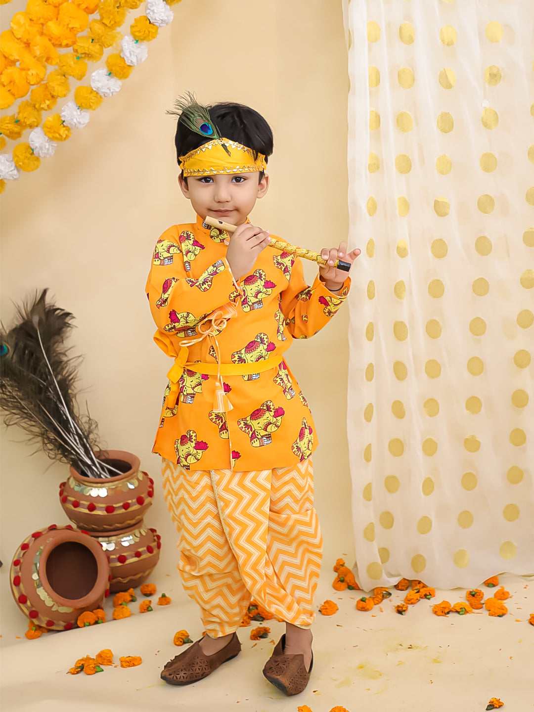 BownBee Festive Quirky Printed  Kanhaiya Dhoti Kurta With Lehenga Choli Sibling Set - Orange