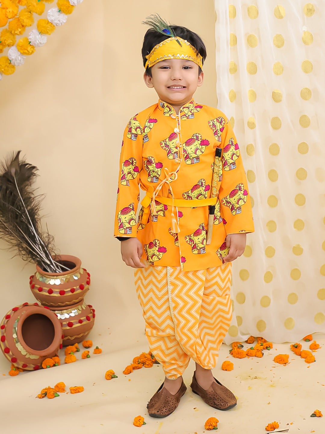 BownBee Festive Quirky Printed  Kanhaiya Dhoti Kurta With Lehenga Choli Sibling Set - Orange
