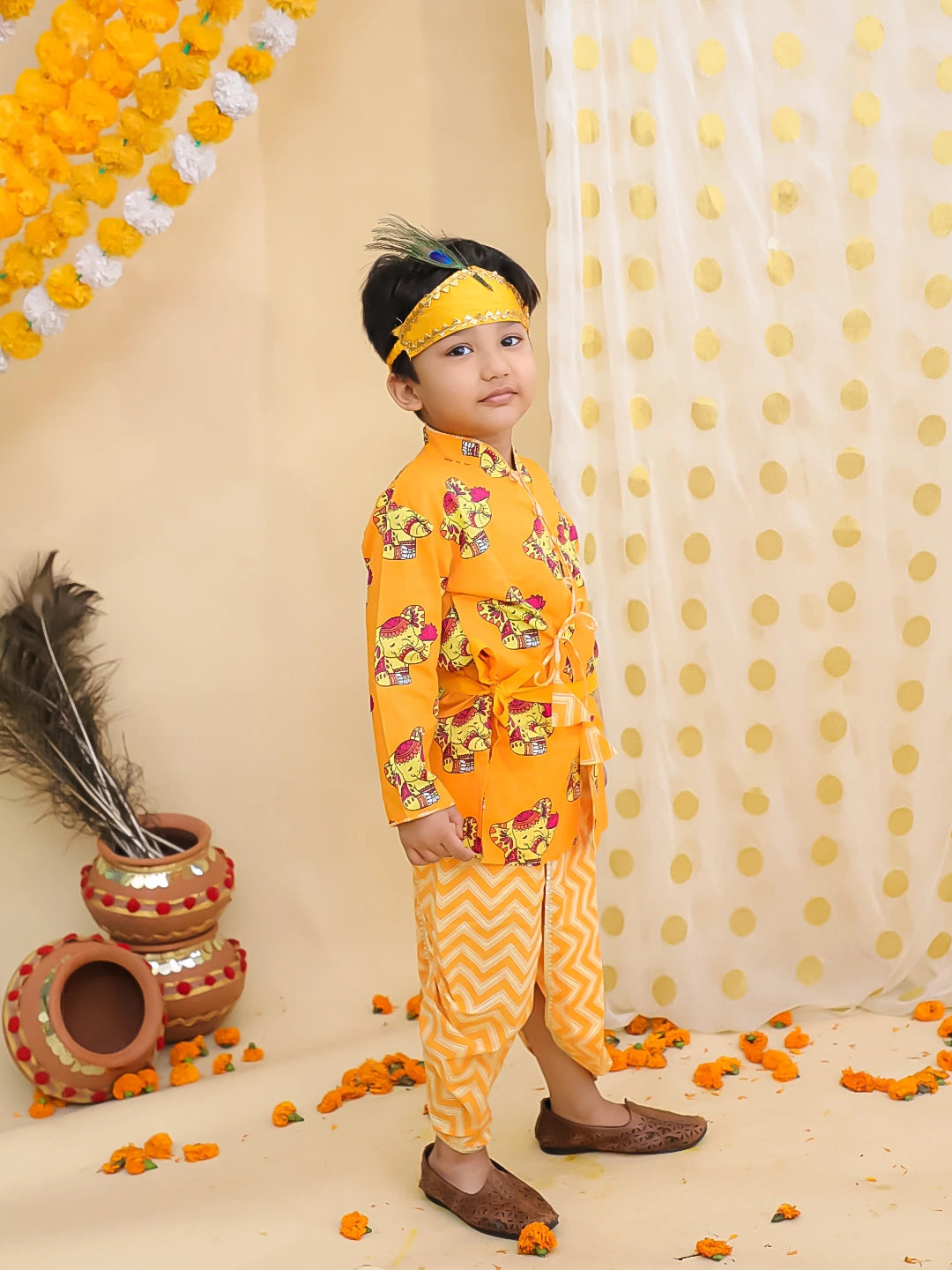BownBee Pure Cotton Elephant Printed Kanhaiya Dhoti Kurta With Bansuri & Mukut For Boys