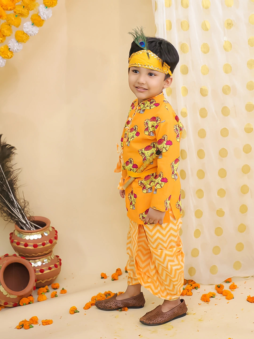 BownBee Pure Cotton Elephant Printed Kanhaiya Dhoti Kurta With Bansuri & Mukut For Boys