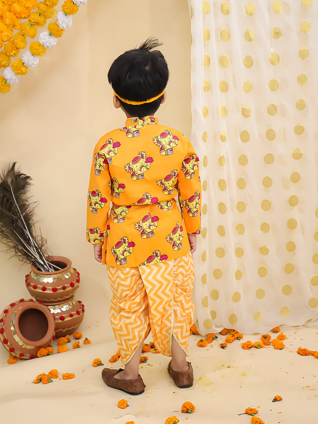 BownBee Festive Quirky Printed  Kanhaiya Dhoti Kurta With Lehenga Choli Sibling Set - Orange