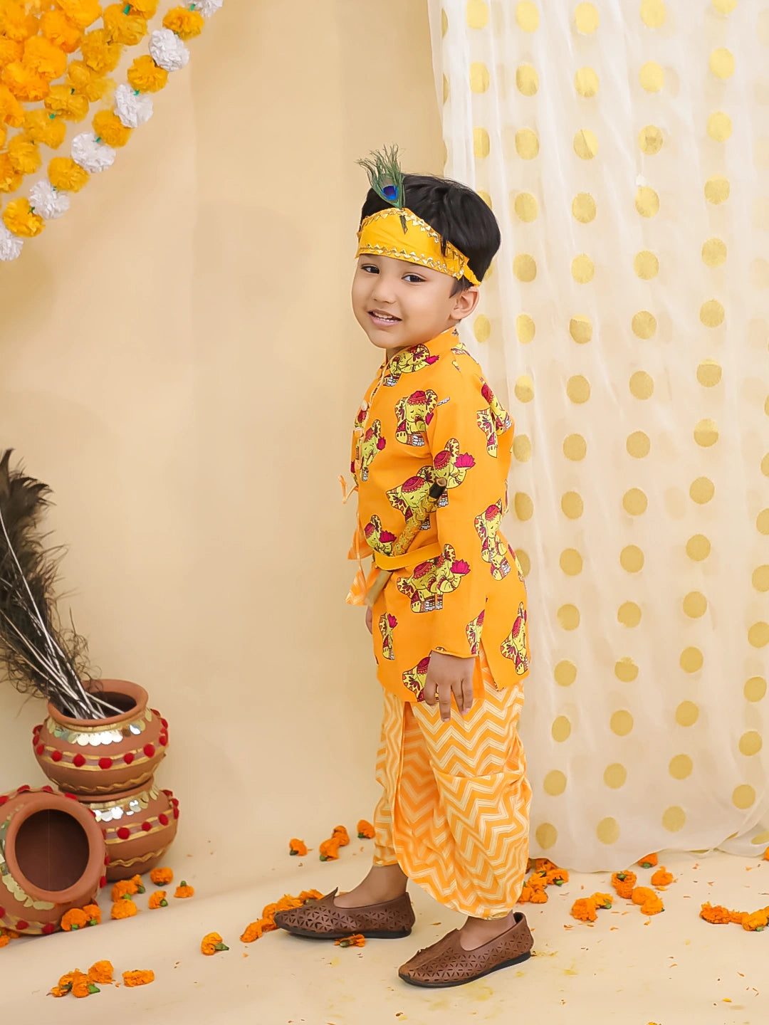 BownBee Pure Cotton Elephant Printed Kanhaiya Dhoti Kurta With Bansuri & Mukut For Boys