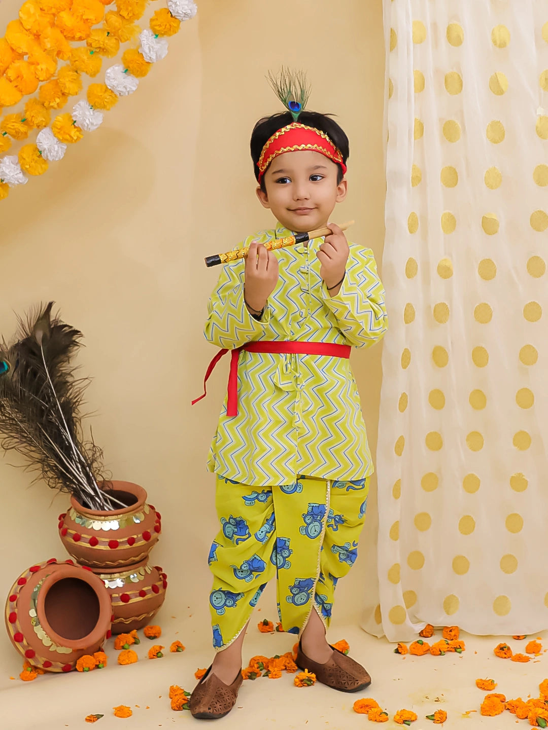BownBee Pure Cotton Monkey Kanhaiya Dhoti Kurta With Bansuri & Mukut For Boys