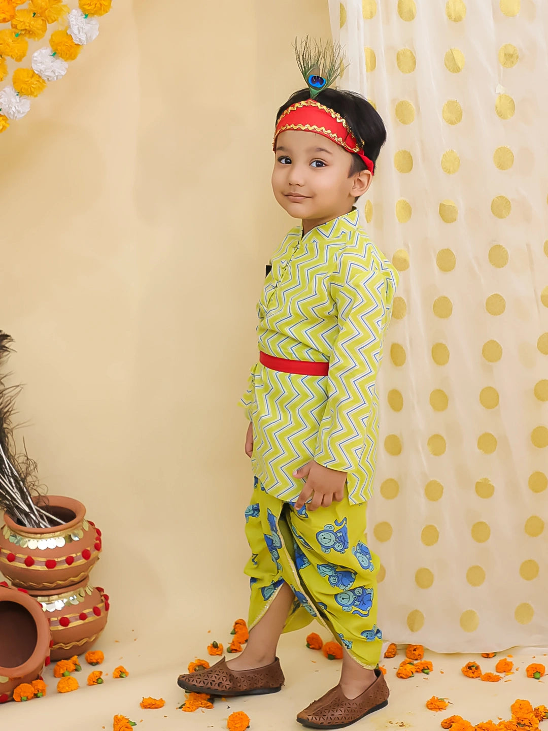 BownBee Pure Cotton Monkey Kanhaiya Dhoti Kurta With Bansuri & Mukut For Boys