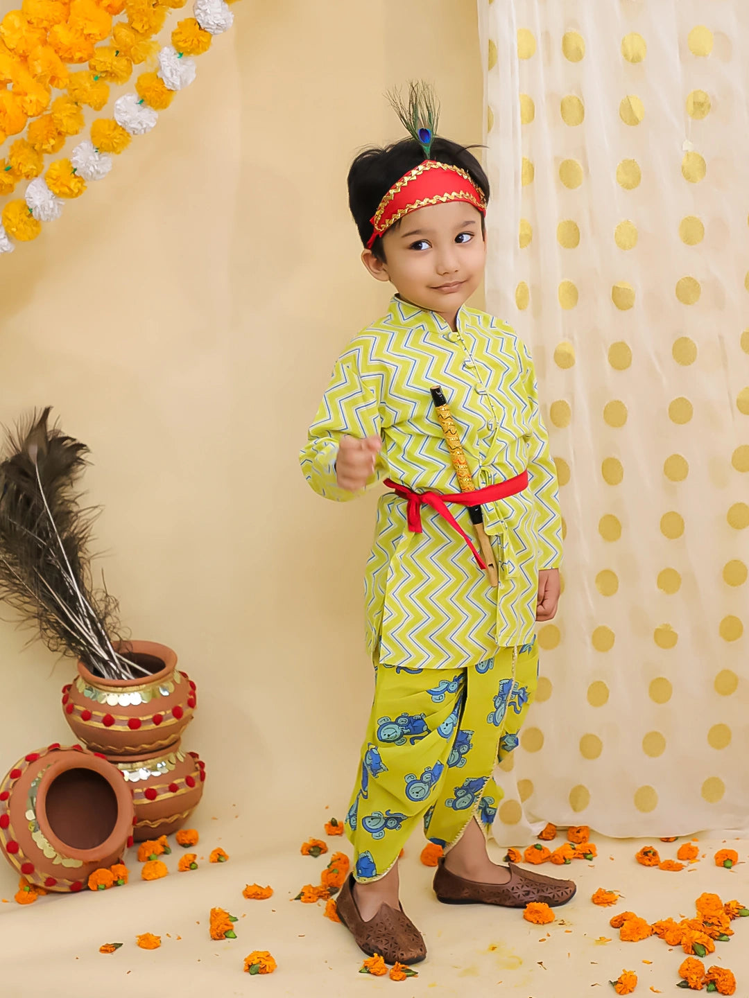BownBee Pure Cotton Monkey Kanhaiya Dhoti Kurta With Bansuri & Mukut For Boys