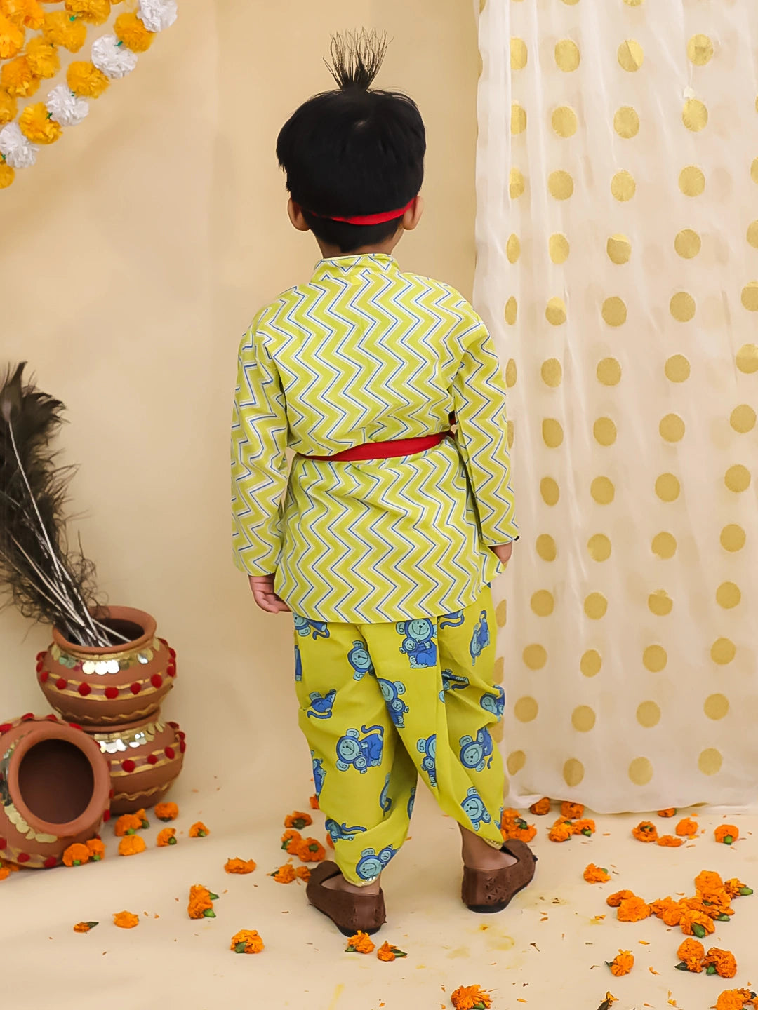 BownBee Pure Cotton Monkey Kanhaiya Dhoti Kurta With Bansuri & Mukut For Boys
