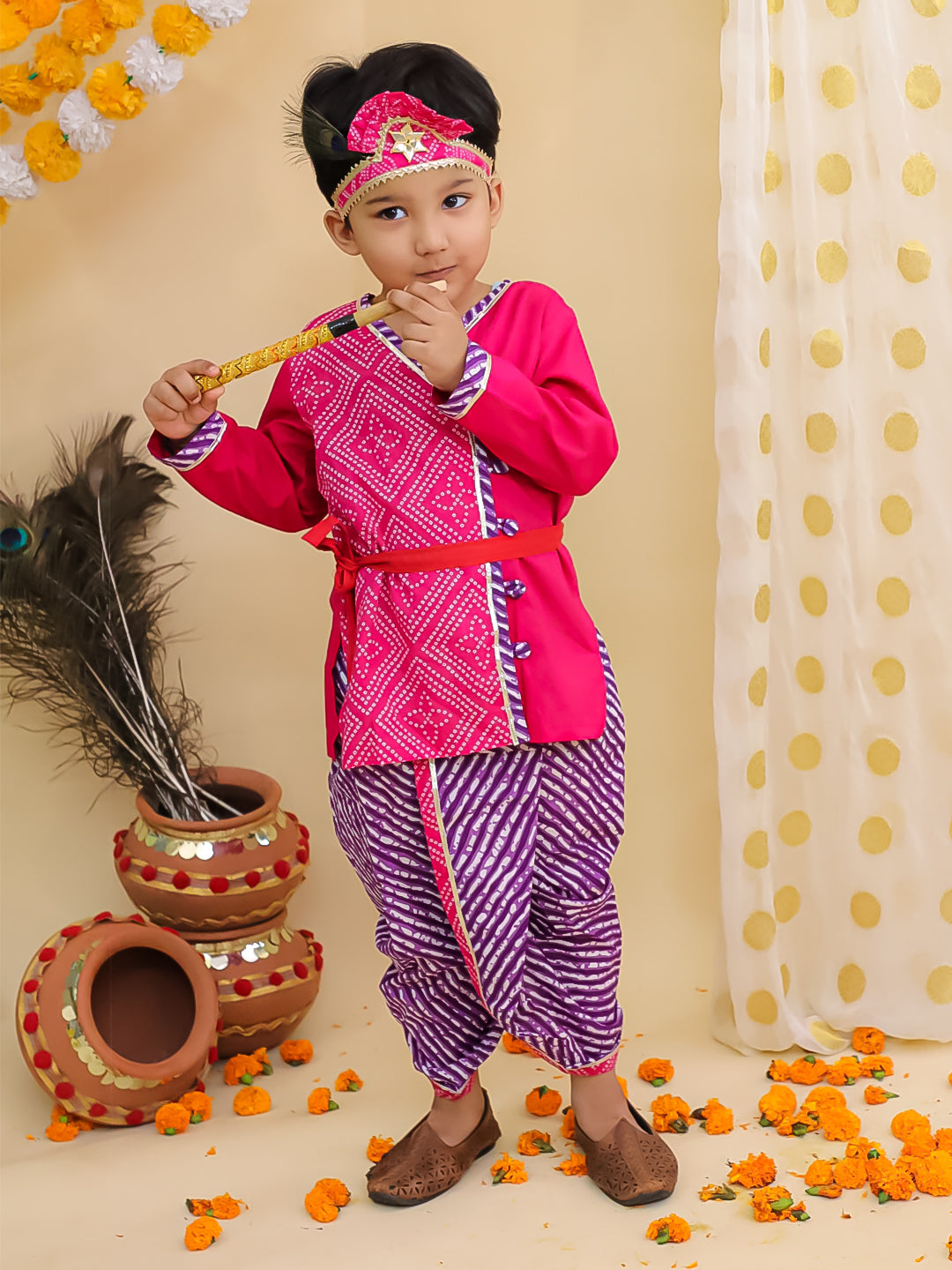 BownBee Bandhani Pure Cotton Long Sleeves Kanhaiya Dhoti Kurta With Bansuri & Mukut  Set For Boys -Pink