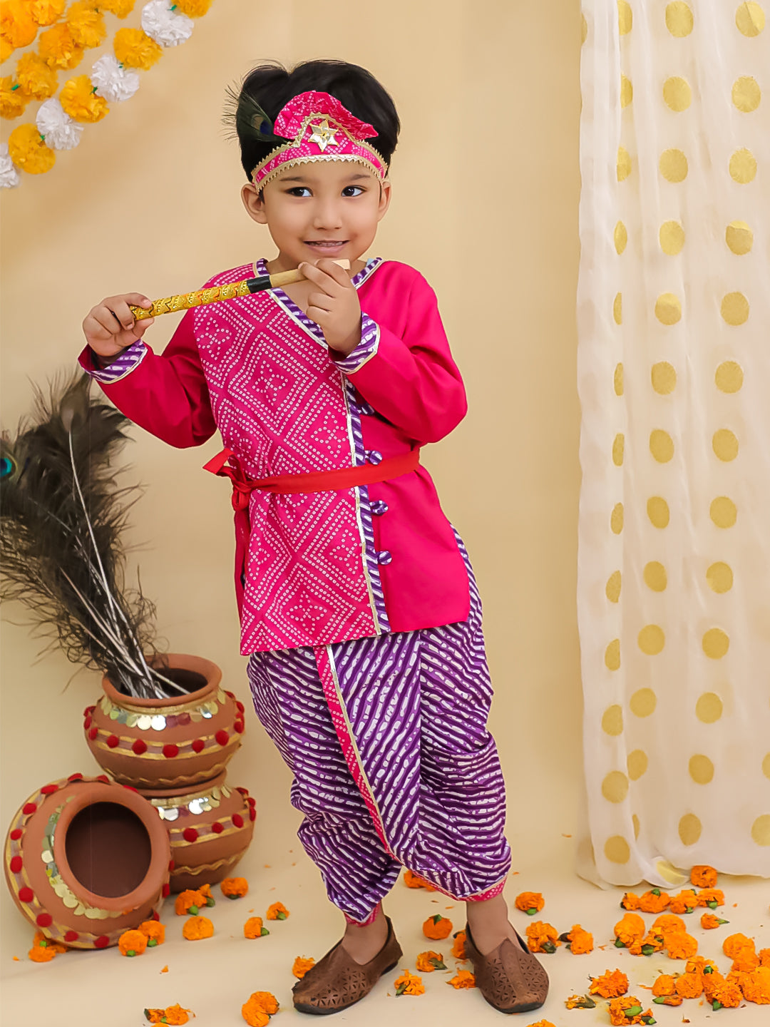 BownBee Festive Kanhaiya Dhoti Kurta With Lehenga Choli Sibling Set - Pink