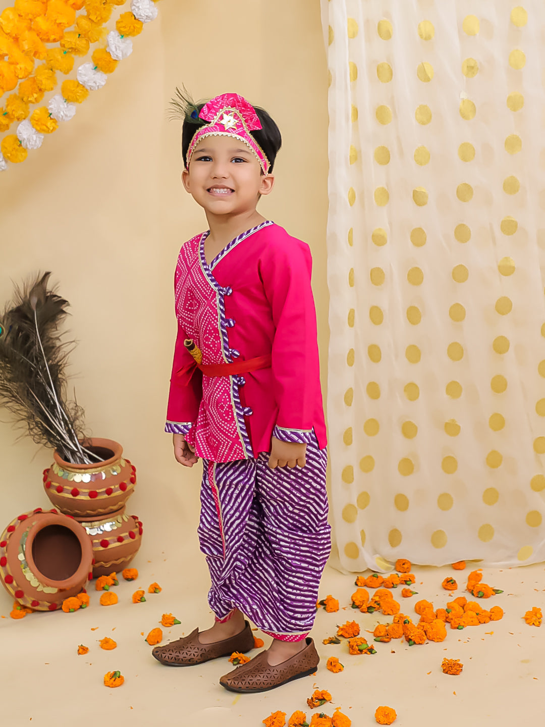 BownBee Bandhani Pure Cotton Long Sleeves Kanhaiya Dhoti Kurta With Bansuri & Mukut  Set For Boys -Pink