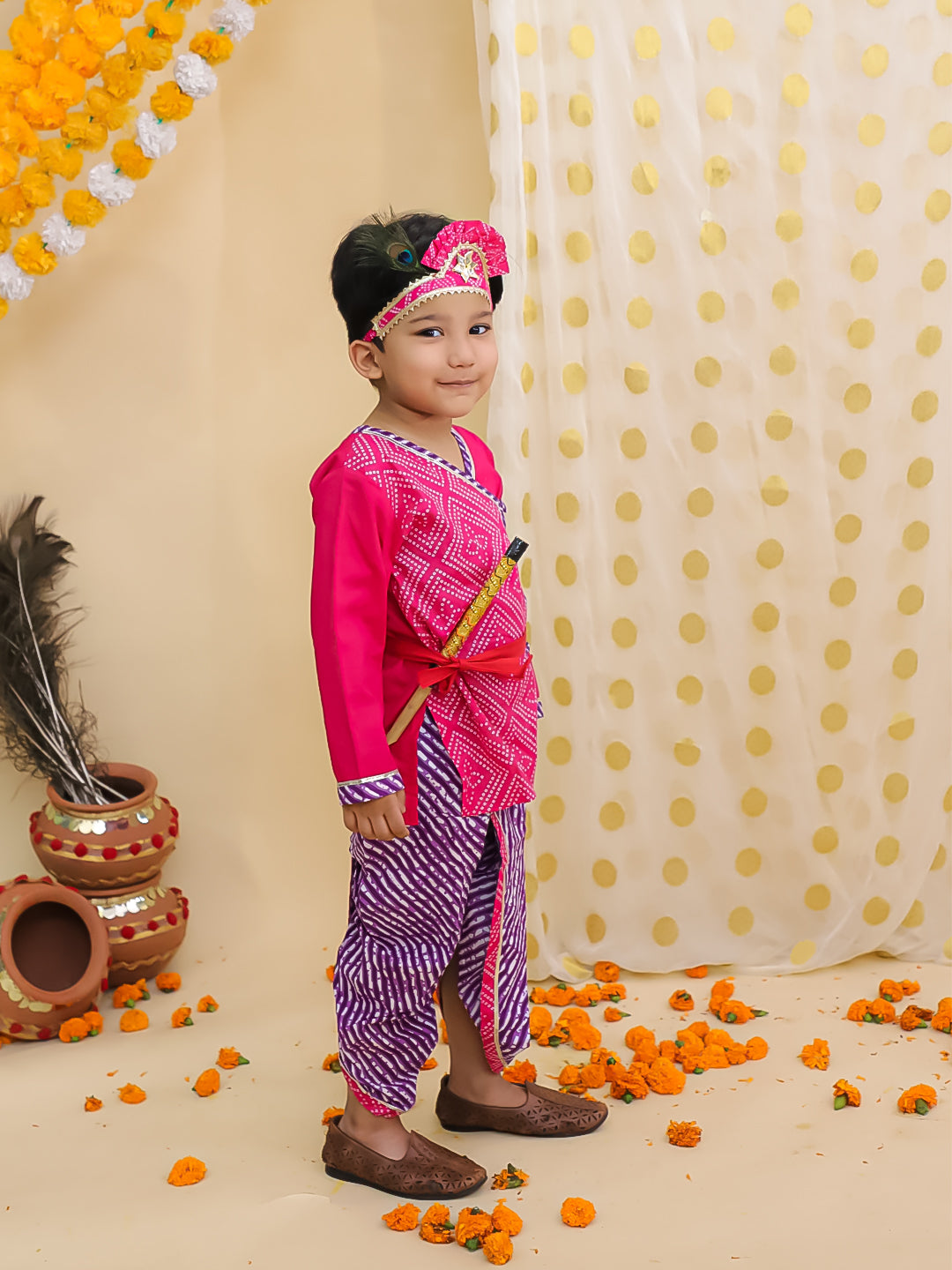 BownBee Bandhani Pure Cotton Long Sleeves Kanhaiya Dhoti Kurta With Bansuri & Mukut  Set For Boys -Pink