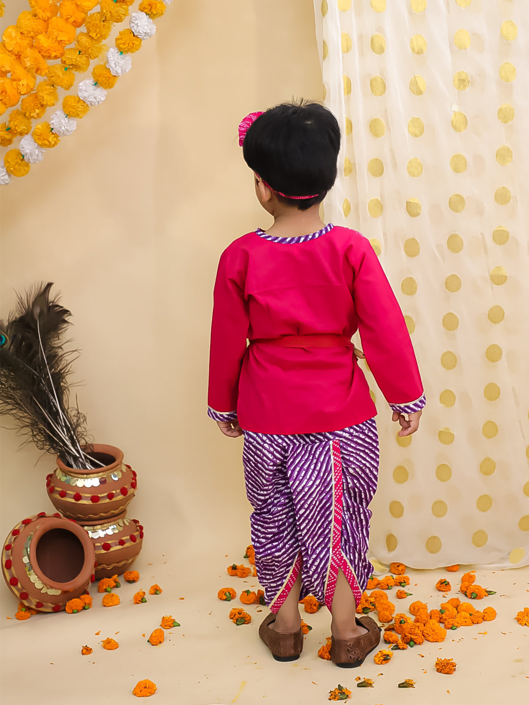 BownBee Bandhani Pure Cotton Long Sleeves Kanhaiya Dhoti Kurta With Bansuri & Mukut  Set For Boys -Pink