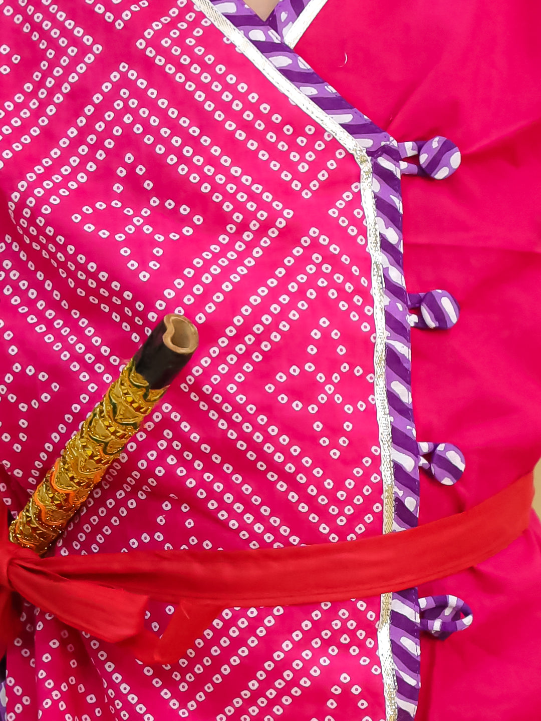 BownBee Bandhani Pure Cotton Long Sleeves Kanhaiya Dhoti Kurta With Bansuri & Mukut  Set For Boys -Pink