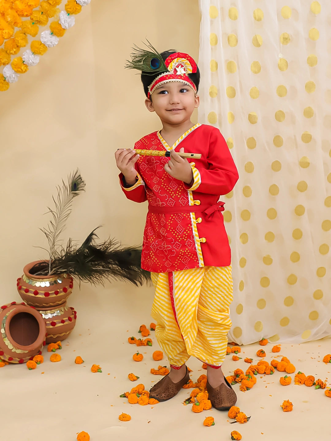 BownBee Bandhani Pure Cotton Long Sleeves Kanhaiya Dhoti Kurta With Bansuri & Mukut  Set For Boys -Red