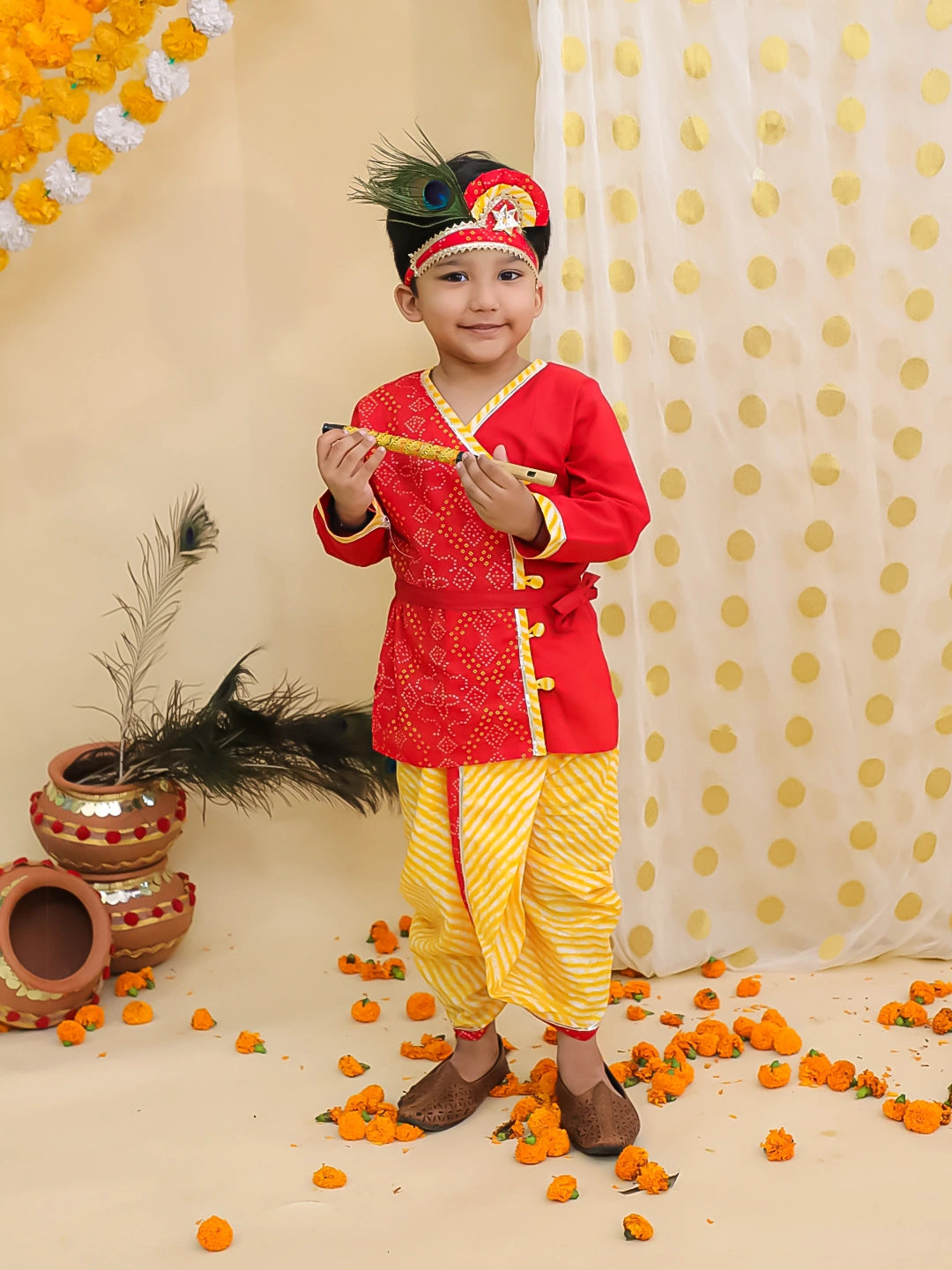 BownBee Bandhani Pure Cotton Long Sleeves Kanhaiya Dhoti Kurta With Bansuri & Mukut  Set For Boys -Red