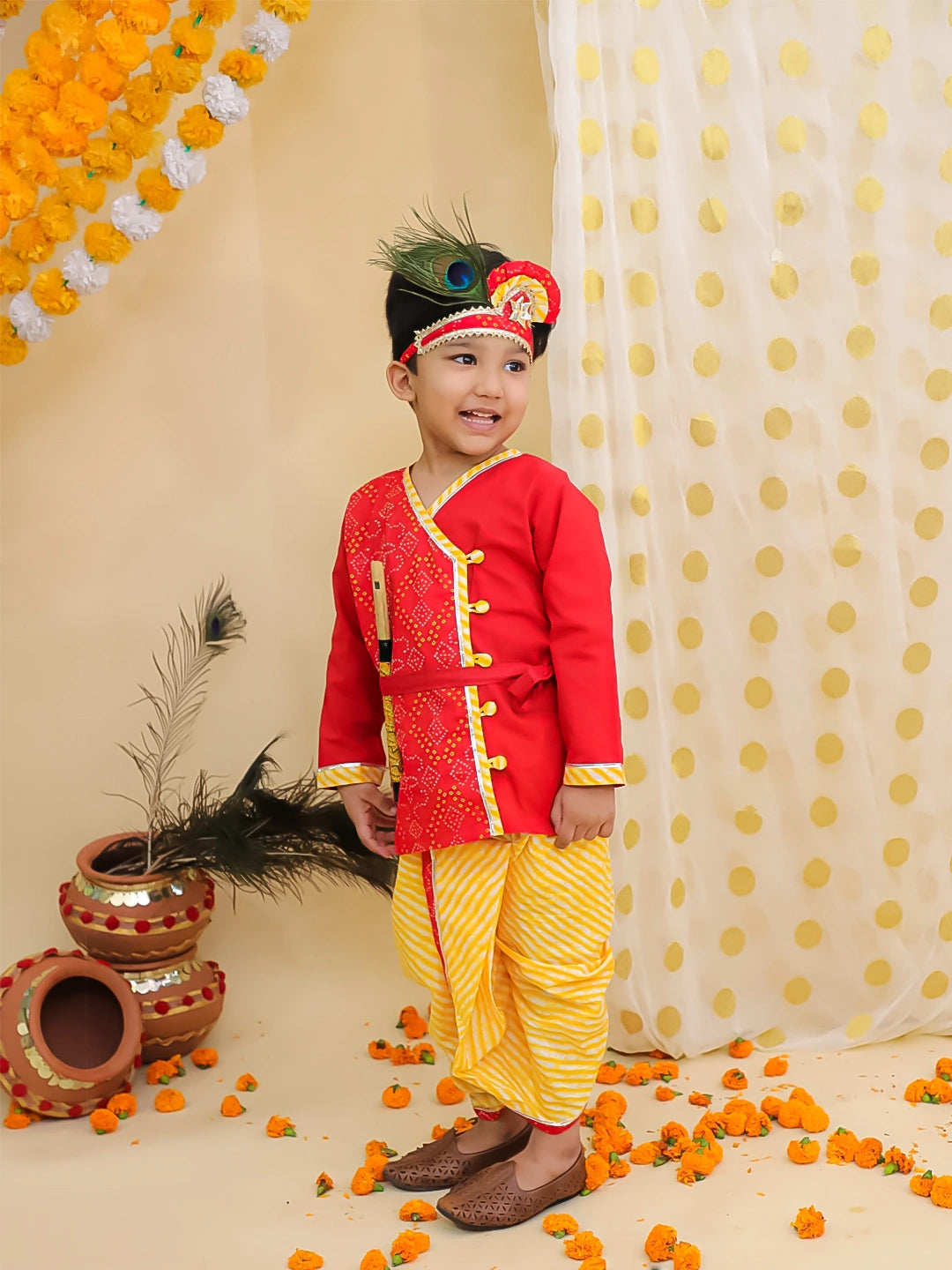 BownBee Bandhani Pure Cotton Long Sleeves Kanhaiya Dhoti Kurta With Bansuri & Mukut  Set For Boys -Red