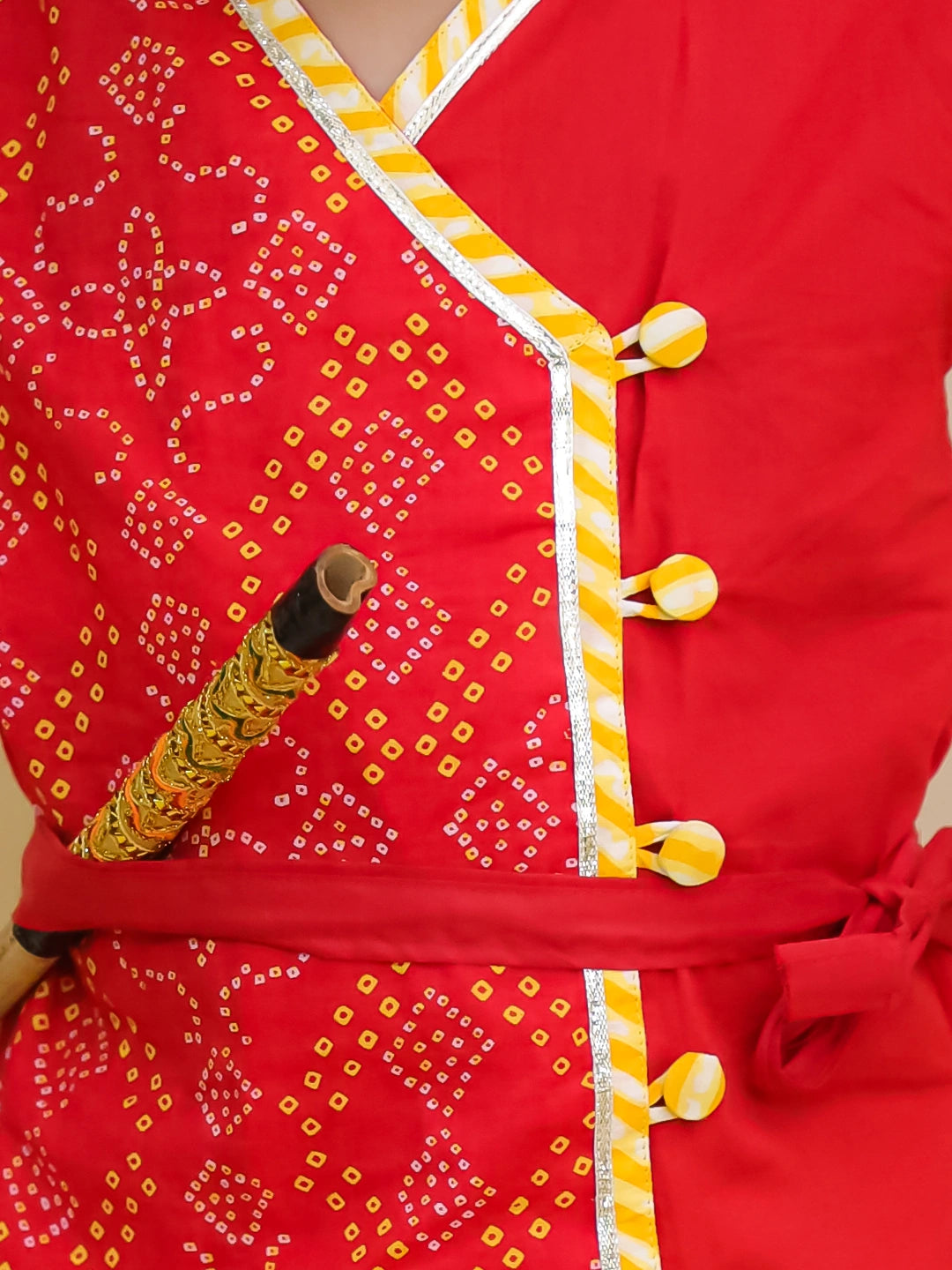 BownBee Bandhani Pure Cotton Long Sleeves Kanhaiya Dhoti Kurta With Bansuri & Mukut  Set For Boys -Red