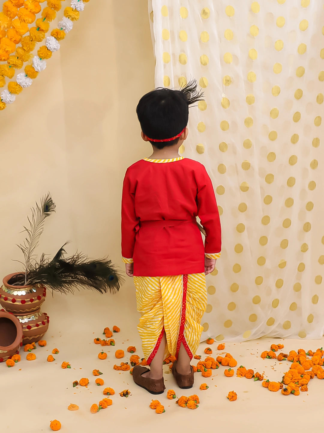 BownBee Bandhani Pure Cotton Long Sleeves Kanhaiya Dhoti Kurta With Bansuri & Mukut  Set For Boys -Red