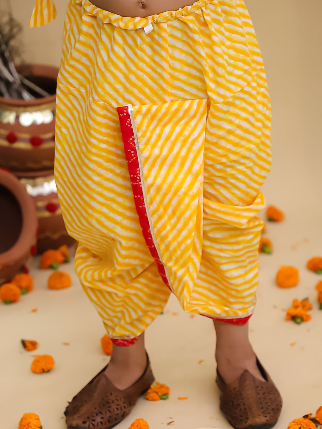 BownBee Bandhani Pure Cotton Long Sleeves Kanhaiya Dhoti Kurta With Bansuri & Mukut  Set For Boys -Red