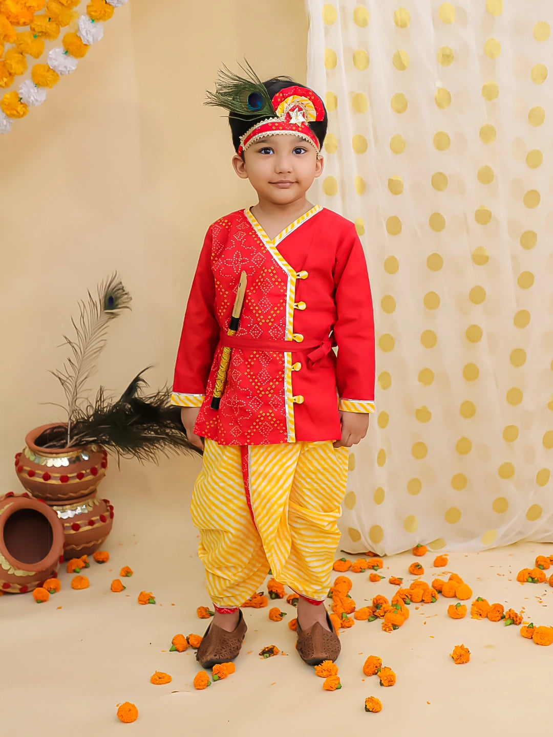 BownBee Bandhani Pure Cotton Long Sleeves Kanhaiya Dhoti Kurta With Bansuri & Mukut  Set For Boys -Red
