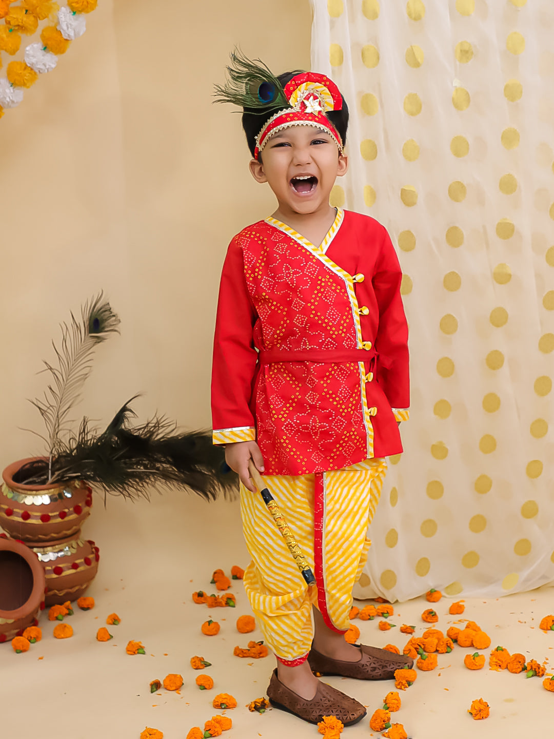 BownBee Bandhani Pure Cotton Long Sleeves Kanhaiya Dhoti Kurta With Bansuri & Mukut  Set For Boys -Red