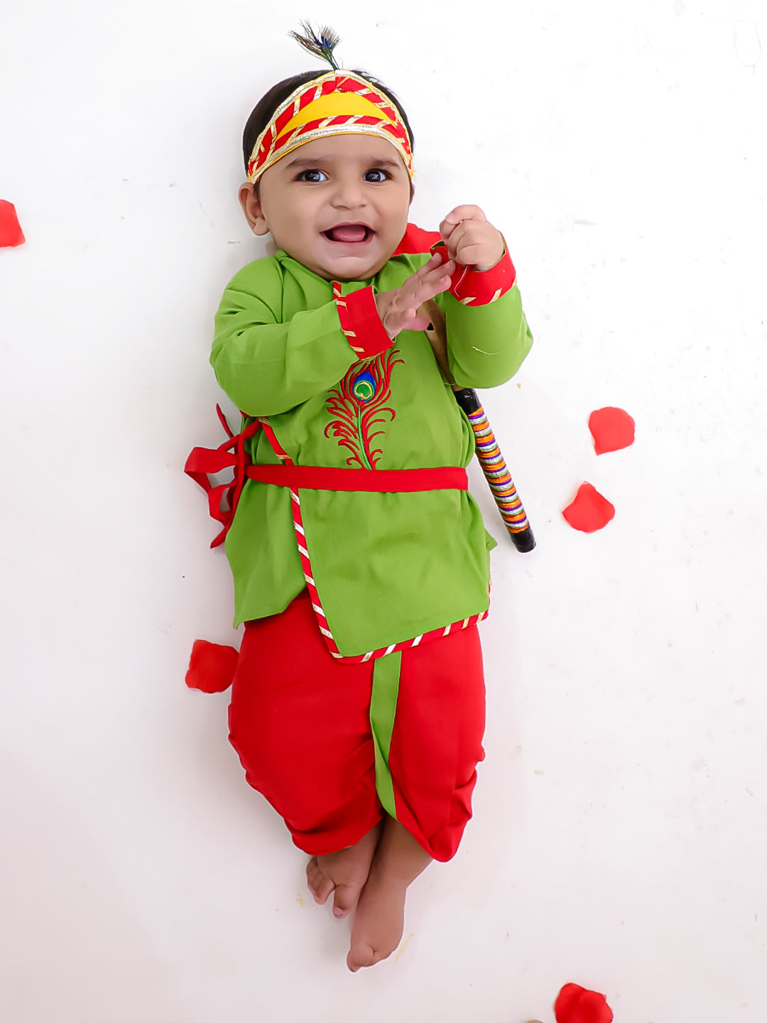 BownBee Pure Cotton Embroidered Kanhaiya Dhoti Kurta With Bansuri , Mukut & Belt For Infant Boys - Green