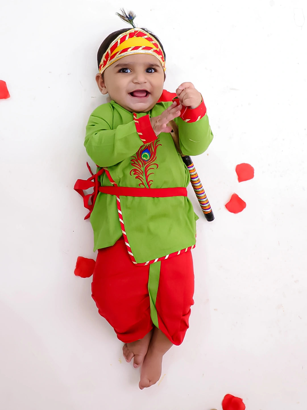 BownBee Pure Cotton Embroidered Kanhaiya Dhoti Kurta With Bansuri , Mukut & Belt For Infant Boys - Green