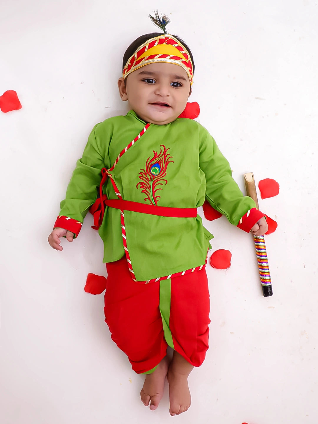 BownBee Pure Cotton Embroidered Kanhaiya Dhoti Kurta With Bansuri , Mukut & Belt For Infant Boys - Green