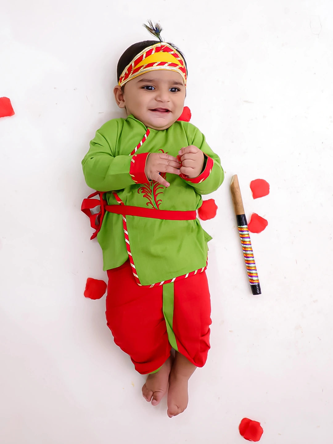 BownBee Pure Cotton Embroidered Kanhaiya Dhoti Kurta With Bansuri , Mukut & Belt For Infant Boys - Green