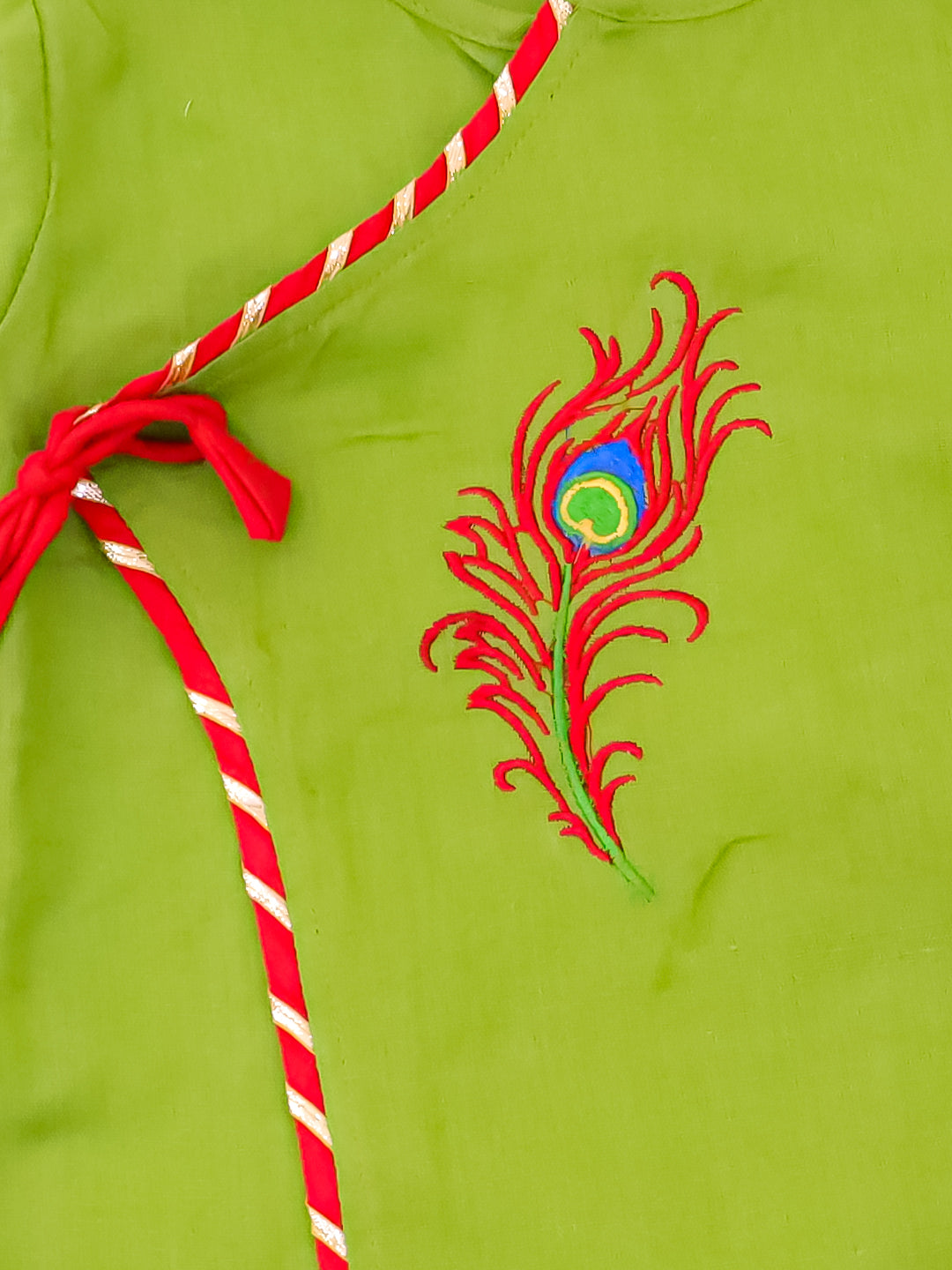 BownBee Pure Cotton Embroidered Kanhaiya Dhoti Kurta With Bansuri , Mukut & Belt For Infant Boys - Green