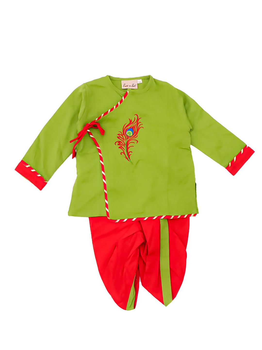 BownBee Pure Cotton Embroidered Kanhaiya Dhoti Kurta With Bansuri , Mukut & Belt For Infant Boys - Green