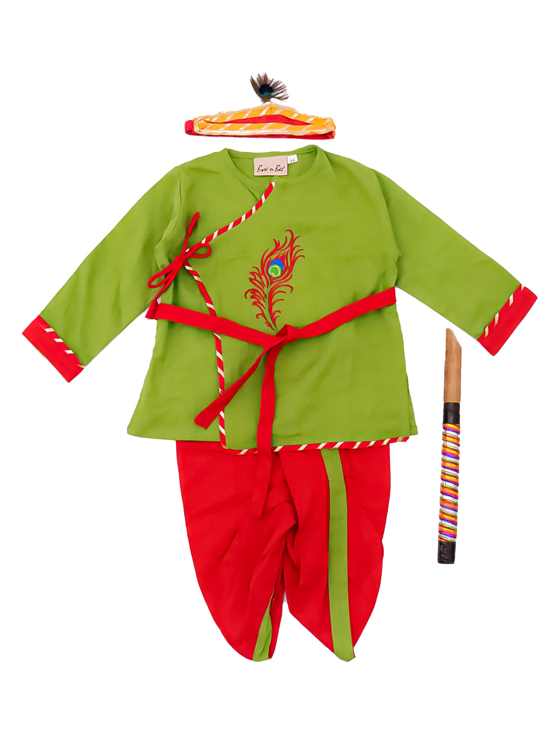BownBee Pure Cotton Embroidered Kanhaiya Dhoti Kurta With Bansuri , Mukut & Belt For Infant Boys - Green
