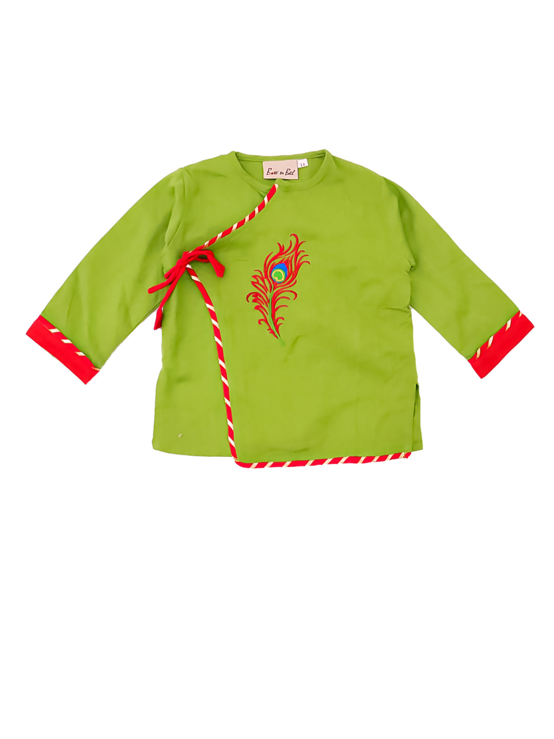 BownBee Pure Cotton Embroidered Kanhaiya Dhoti Kurta With Bansuri , Mukut & Belt For Infant Boys - Green