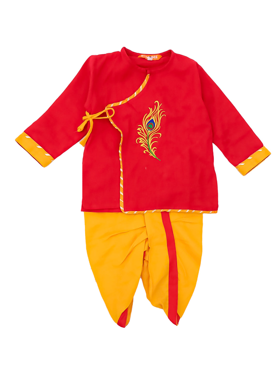 BownBee Pure Cotton Embroidered Kanhaiya Dhoti Kurta With Bansuri , Mukut & Belt For Infant Boys - Red