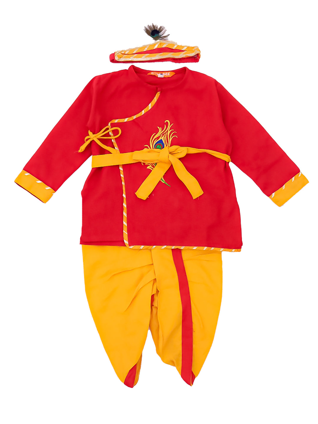 BownBee Pure Cotton Embroidered Kanhaiya Dhoti Kurta With Bansuri , Mukut & Belt For Infant Boys - Red