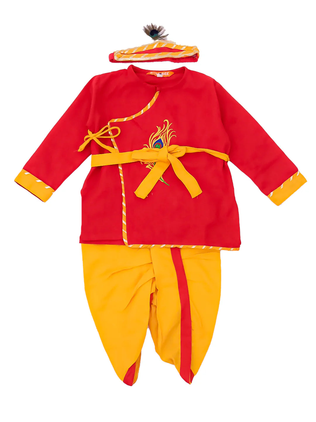 BownBee Pure Cotton Embroidered Kanhaiya Dhoti Kurta With Bansuri , Mukut & Belt For Infant Boys