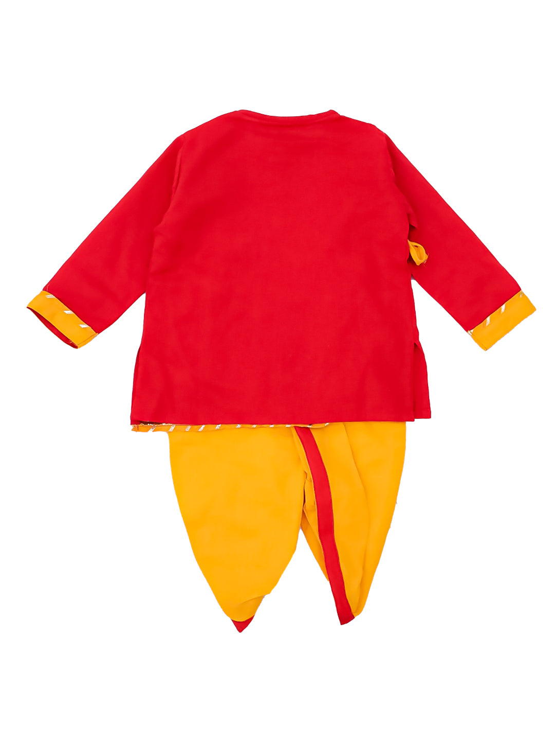 BownBee Pure Cotton Embroidered Kanhaiya Dhoti Kurta With Bansuri , Mukut & Belt For Infant Boys - Red