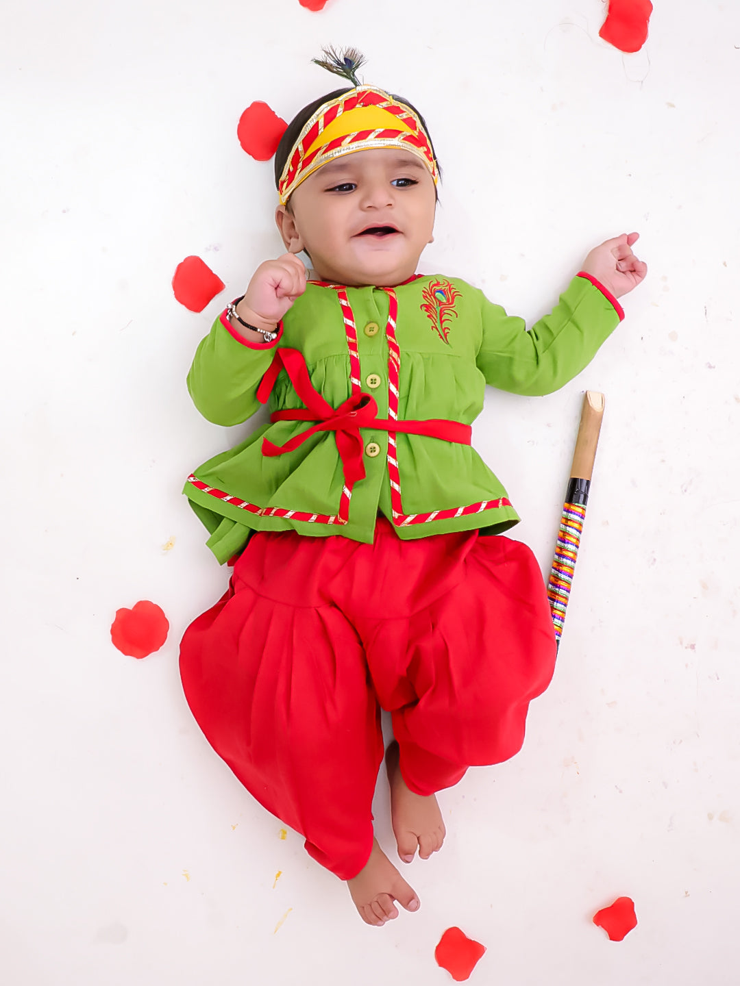 BownBee Pure Cotton Embroidered Radha Kurti Dhoti Set With Mukut , Bansuri & Belt For Infant  Girls - Green
