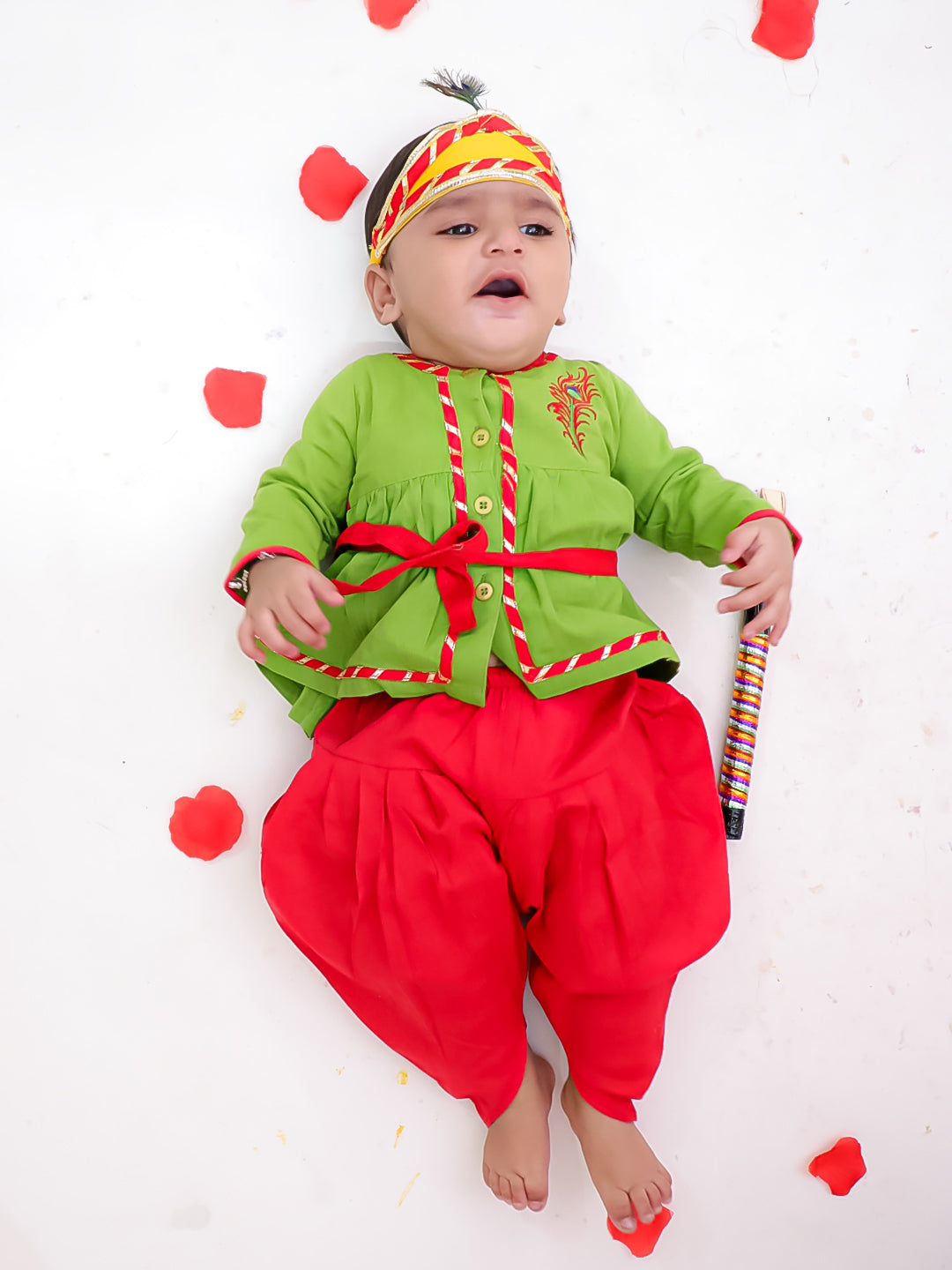 BownBee Pure Cotton Embroidered Radha Kurti Dhoti Set With Mukut , Bansuri & Belt For Infant  Girls - Green